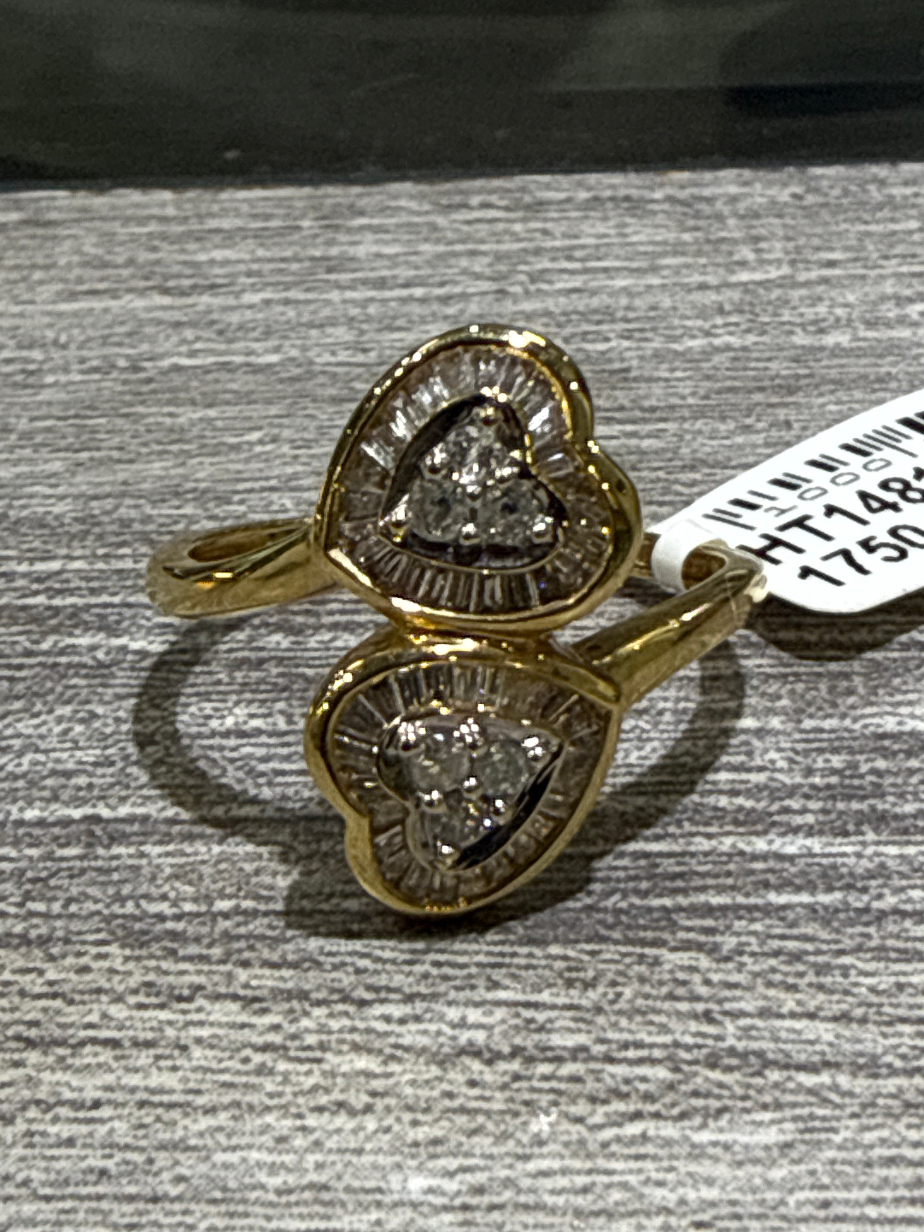 14K Yellow Gold Ladies Double Heart Ring With Baugettes & Rounds. DTW=0.72CT - G-H/VS-SI. 3.1GR - SZ 7