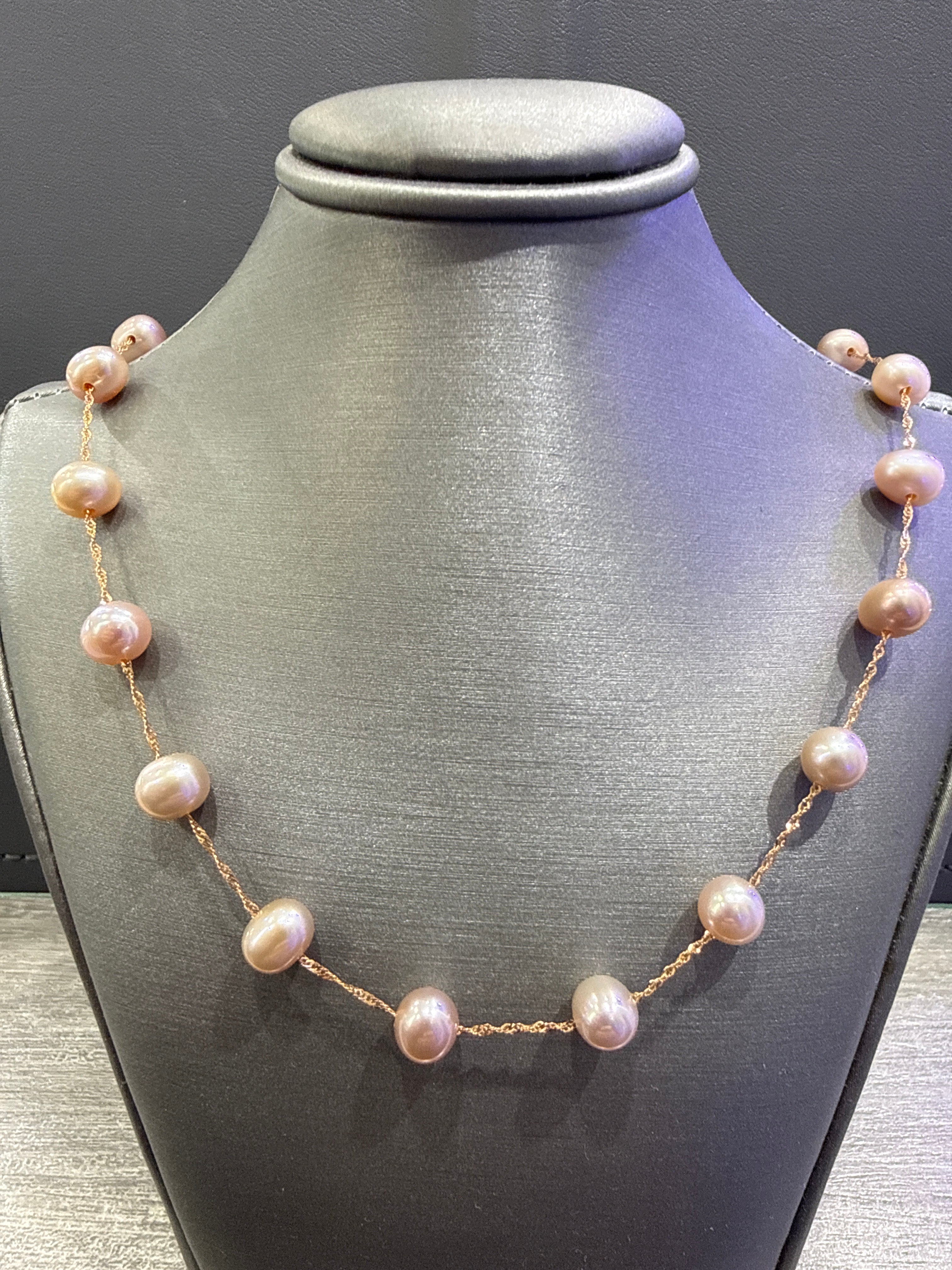 14K Rose Gold 6-7mm Pink Near-Round Freshwater Pink Pearls - 22-Station 17.5 inch Necklace