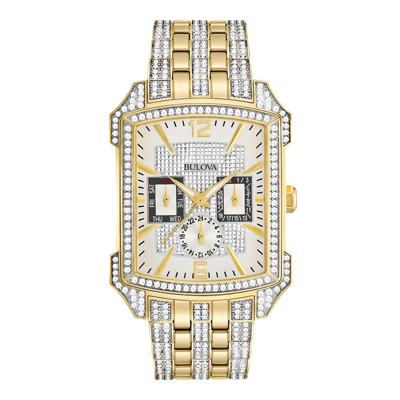 Men's Bulova Crystal Accent Gold-Tone Watch with Rectangular White Dial (Model: 98C109)