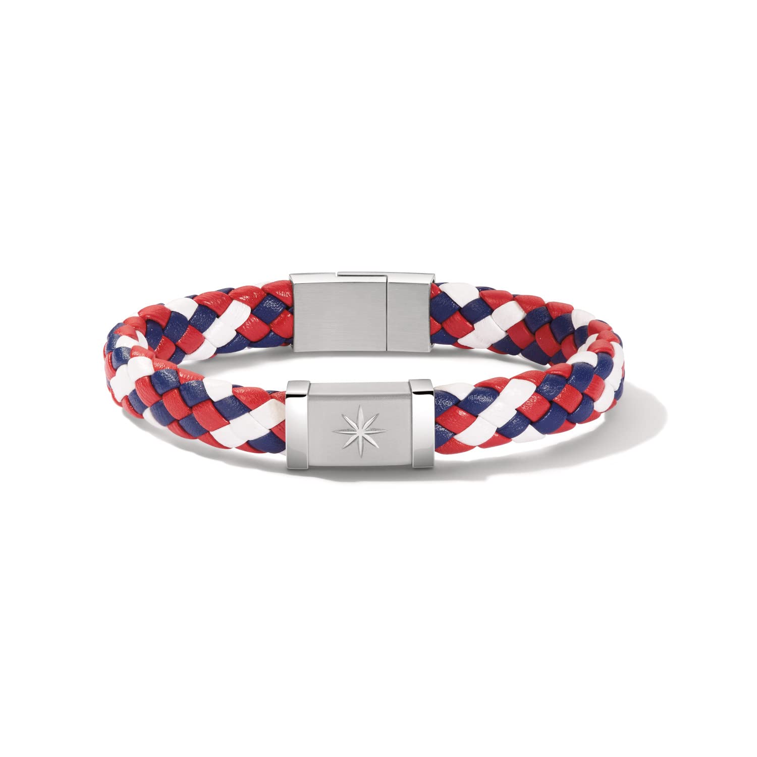 Bulova Men's Marine Star Red, White and Blue Leather Braid Bracelet with Magnetic Stainless Steel Closure, Size: Medium, Style: J96B032M