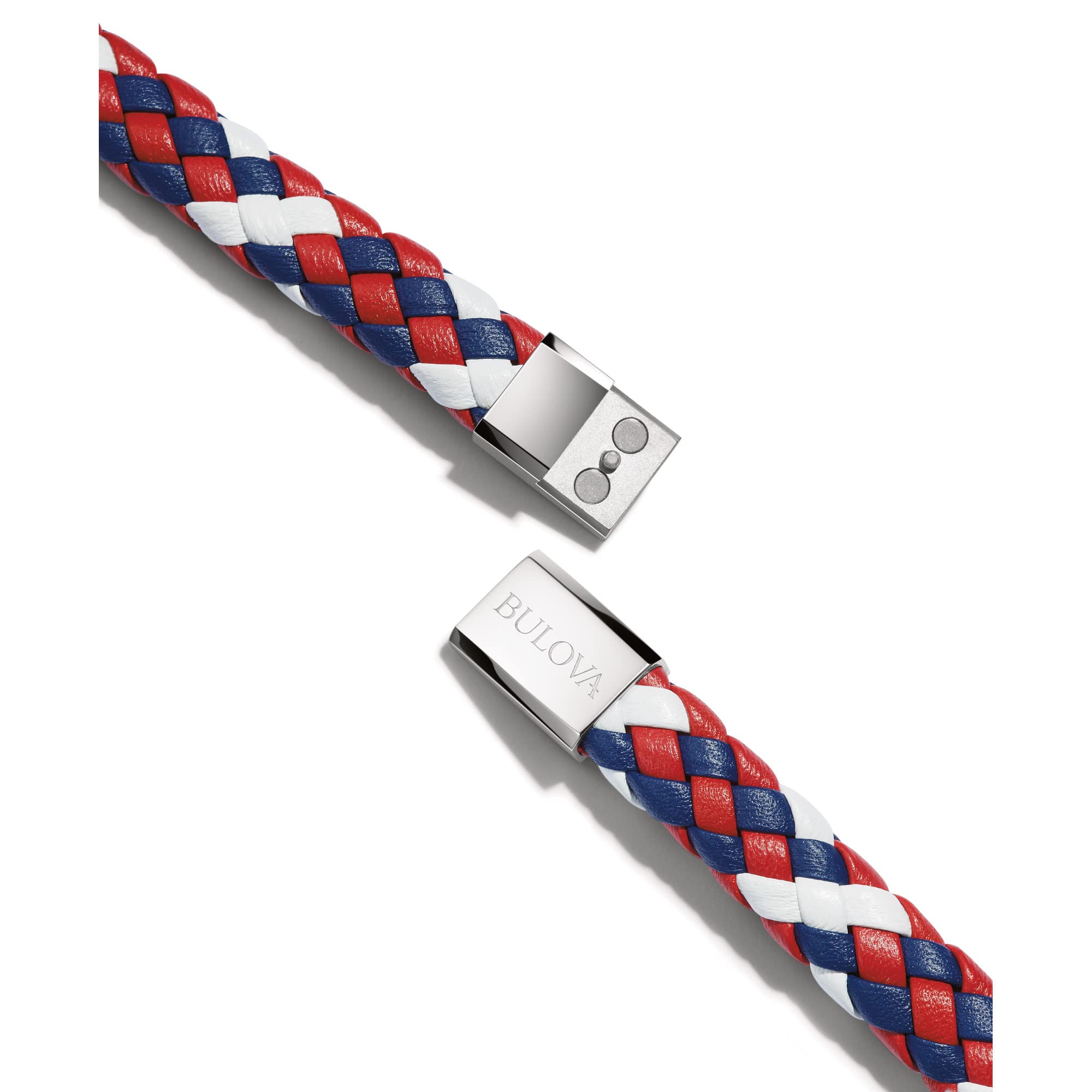 Bulova Men's Marine Star Red, White and Blue Leather Braid Bracelet with Magnetic Stainless Steel Closure, Size: Medium, Style: J96B032M