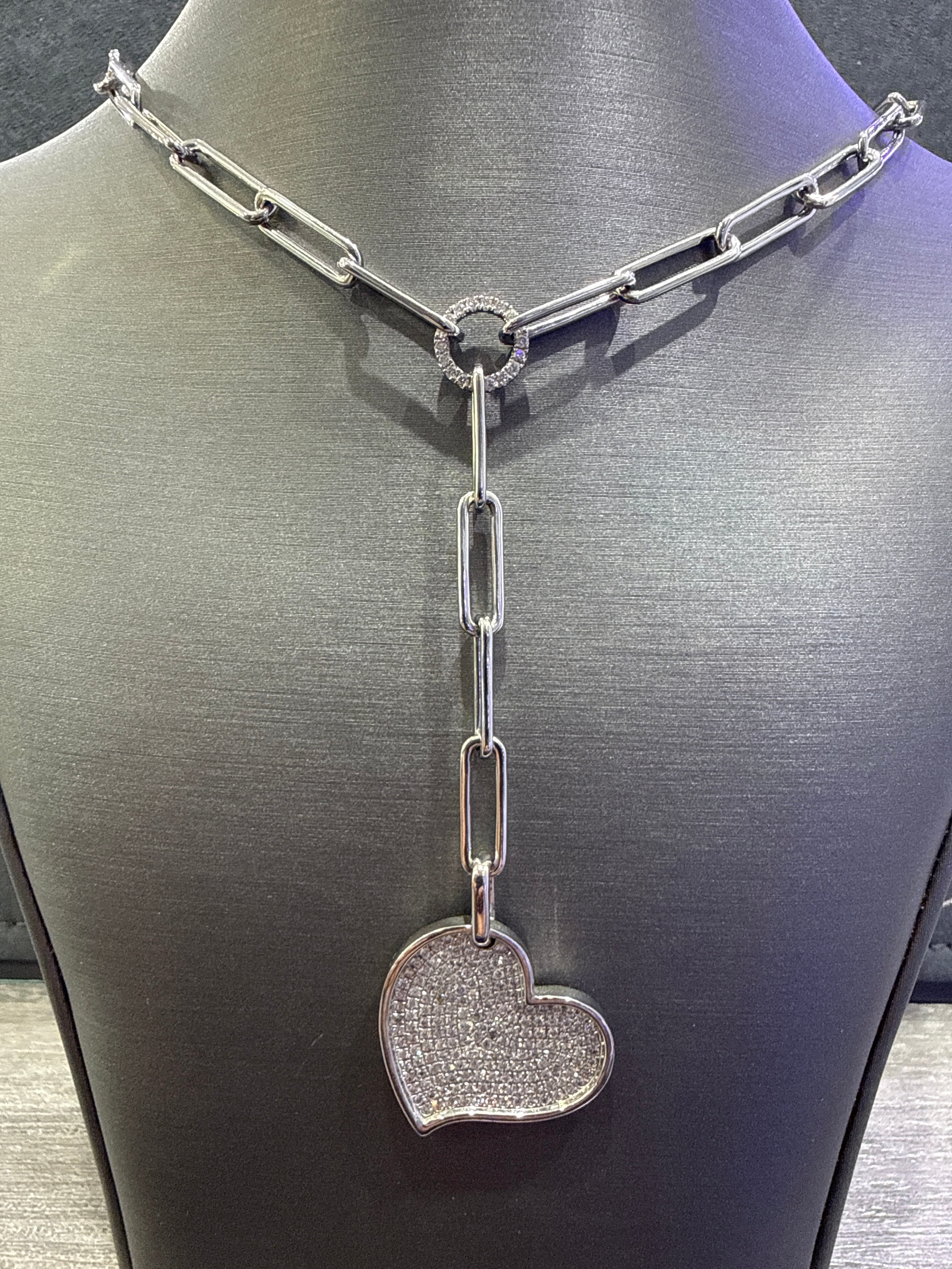 18K White Gold & Diamonds Ladies Fancy Necklace With Oval Link & Diamond Circle & Diamond Heart. DTW=1.41TCT - G-H/VS-SI - 34.8GR - 18"/24"