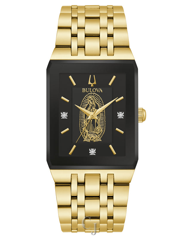 Bulova Our Lady of Guadalupe Gold Stainless Steel Band 3-Hand Black Dial Quartz Watch (Model:97D130)