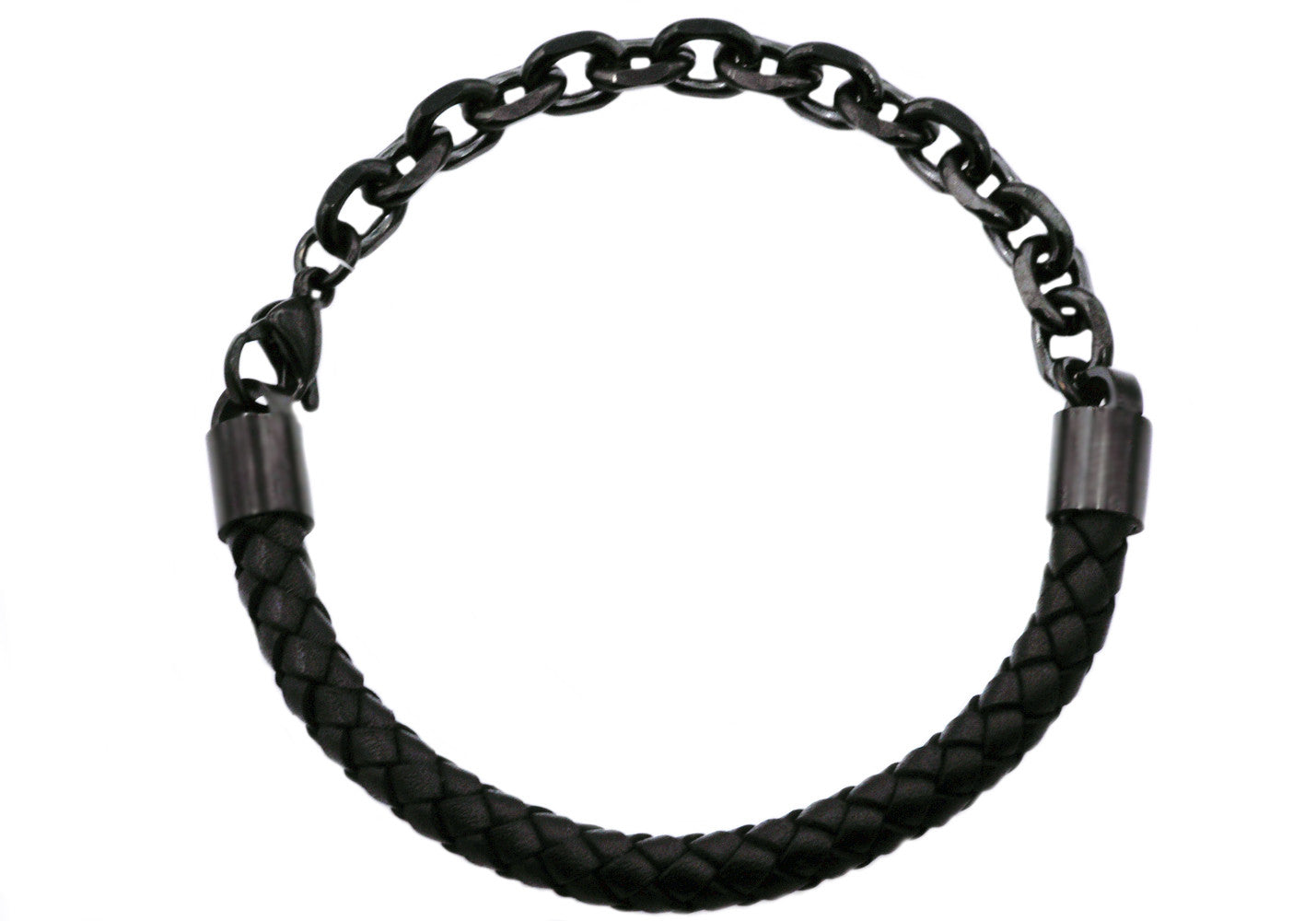Mens Black Leather Black Stainless Steel Bracelet