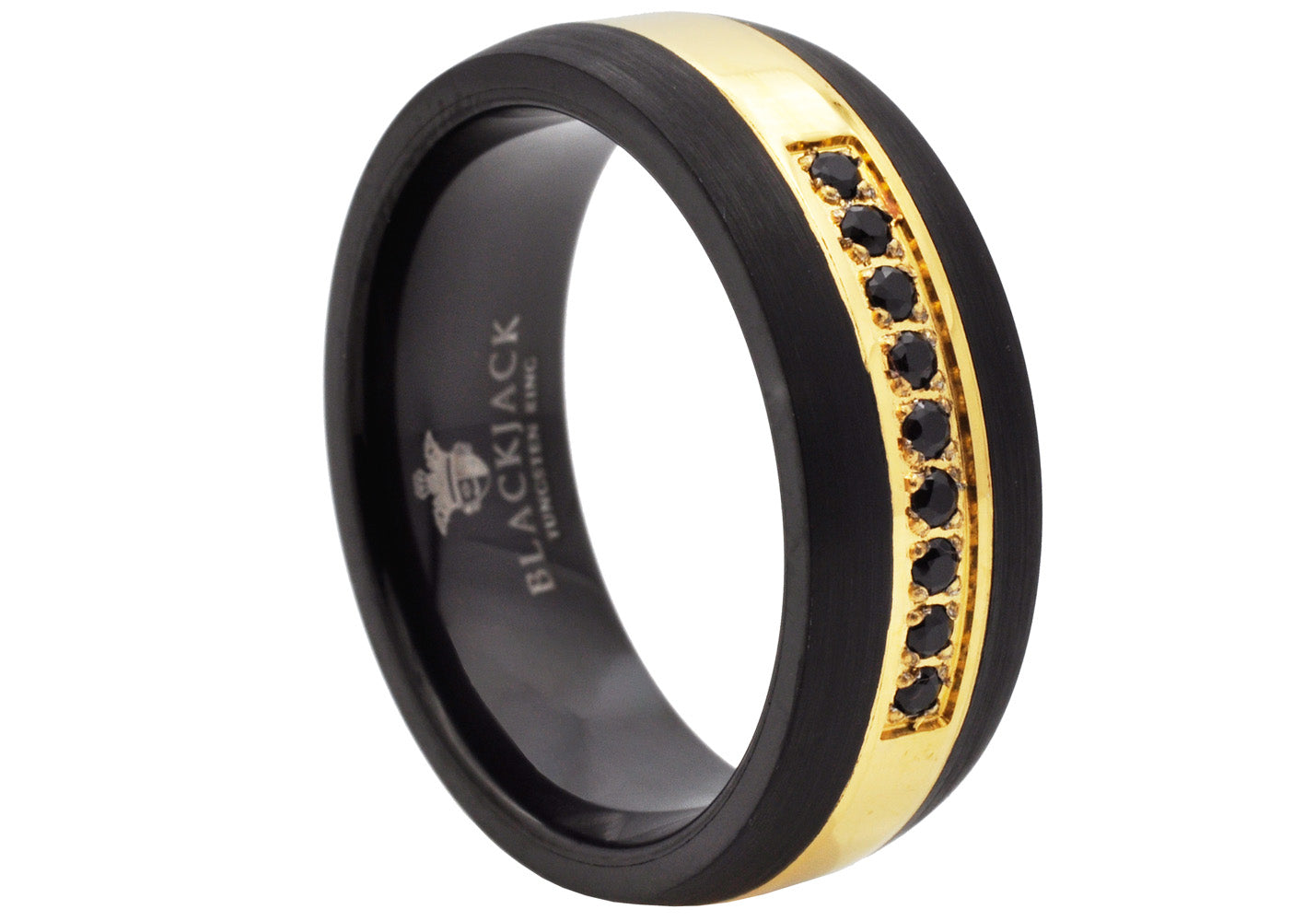 Mens Two Tone Black And Gold Tungsten Band Ring With Black Cubic Zirconia