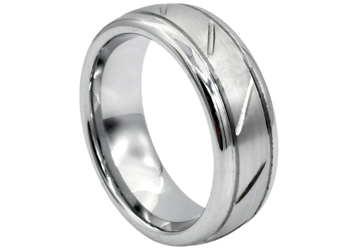 Mens 8mm Brushed And Polished Tungsten Etched Band Ring