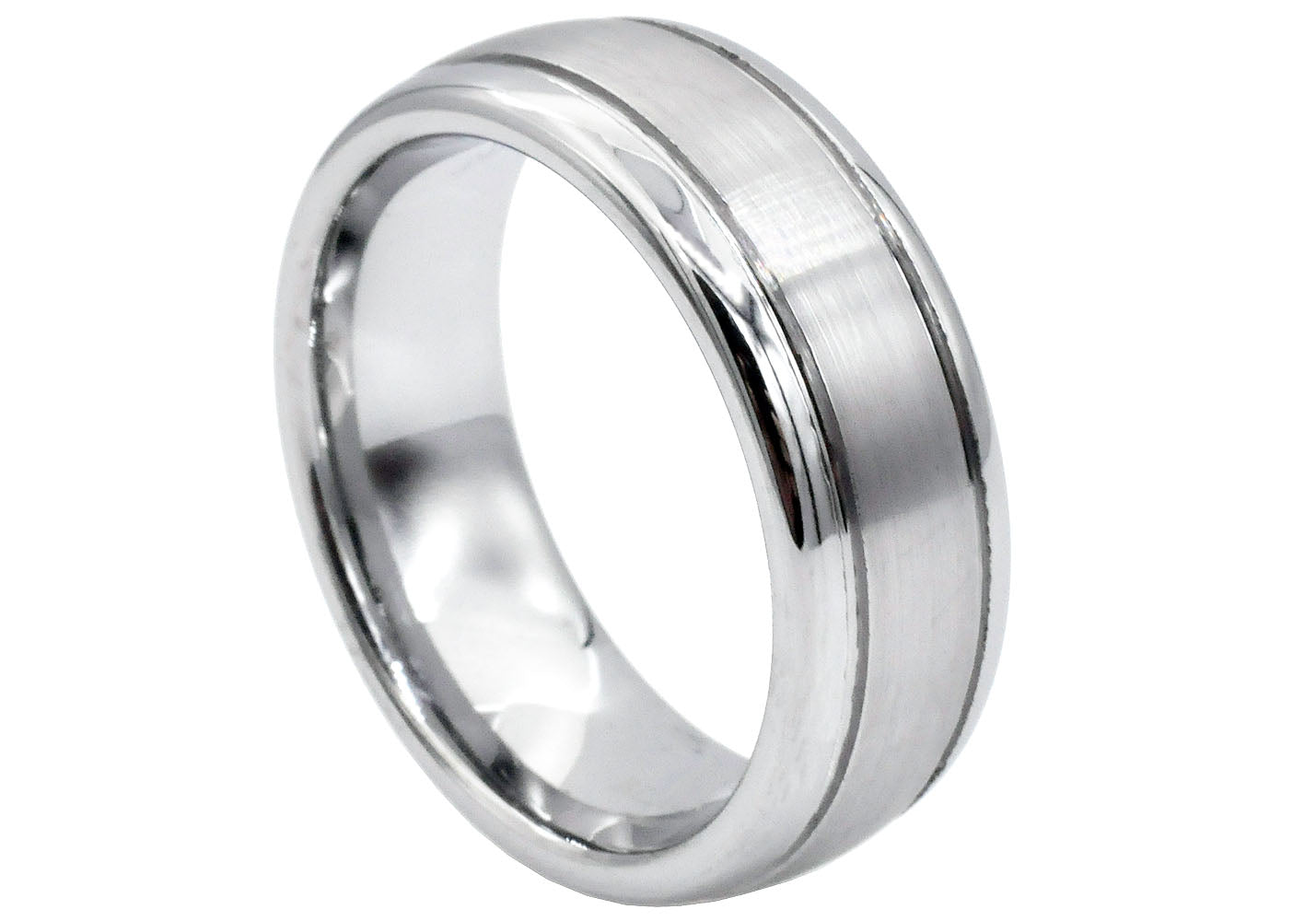 Mens 8mm Brushed And Polished Tungsten Double Stripe Band Ring