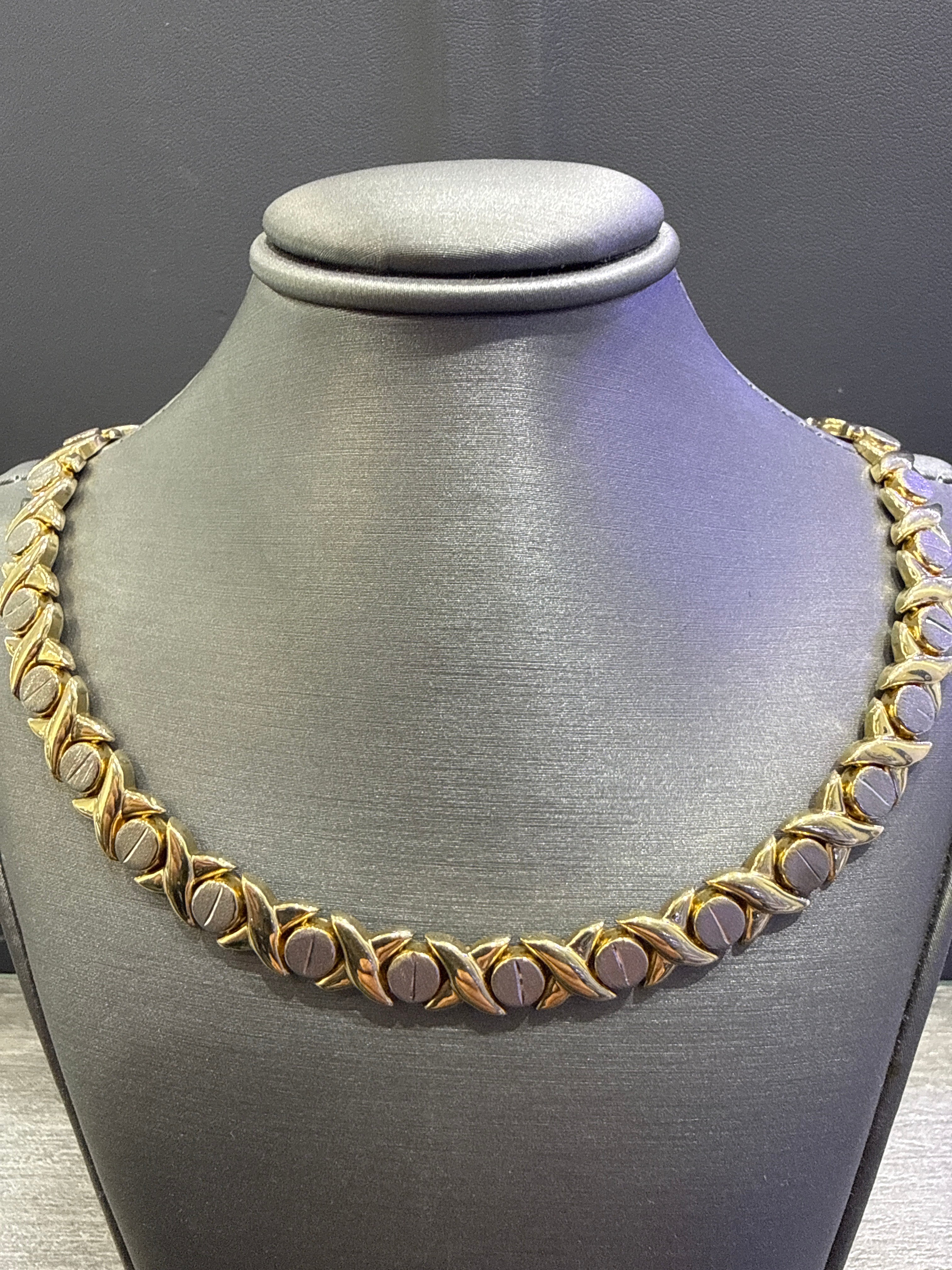 14KT Two Tone Ladies X & O Fancy Bracelet. 18.5 GR With 2 CZ Stones At End 15.5GR