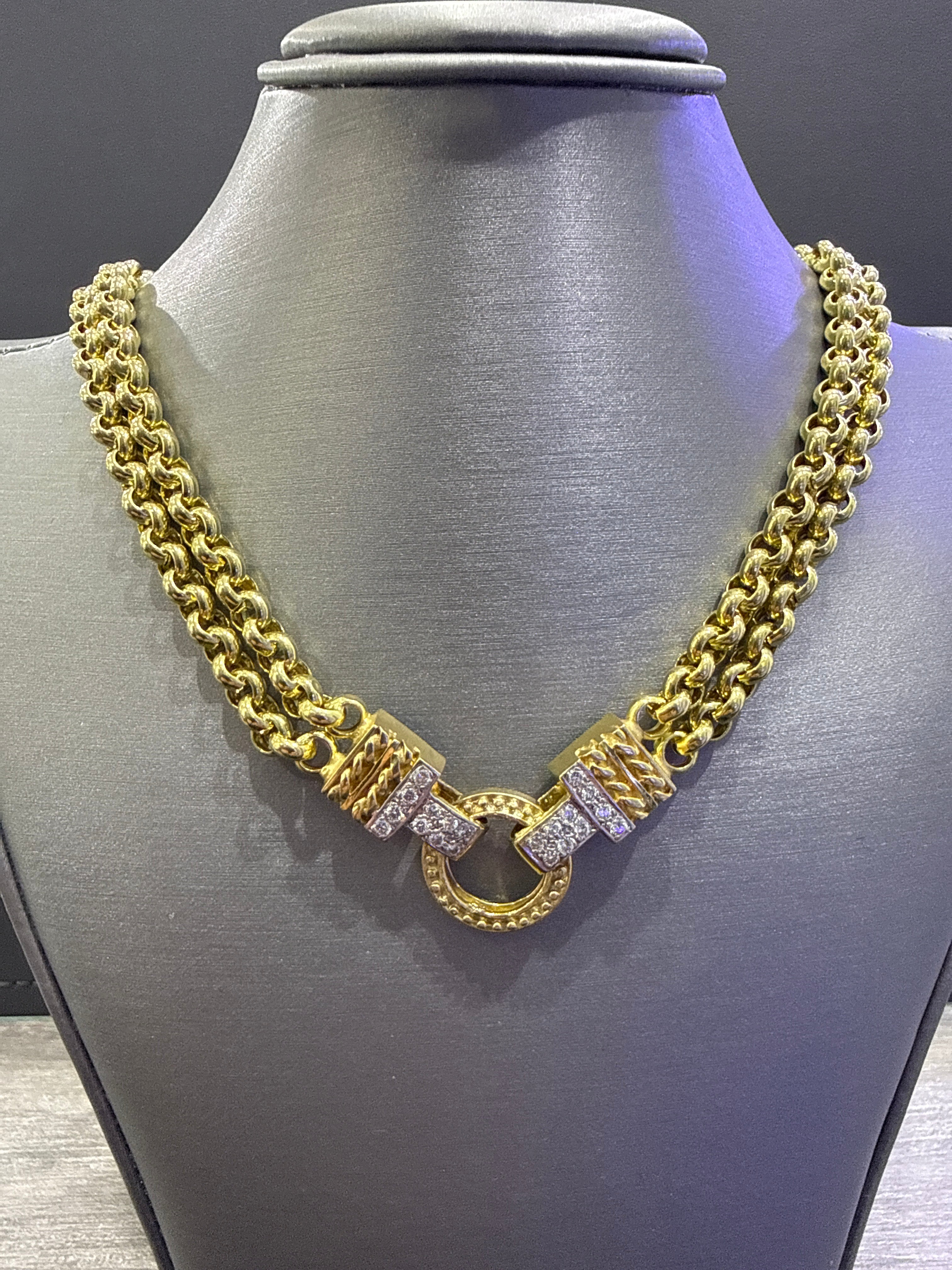 14K Yellow Gold Ladies Double Row Cable Link Necklace With Toggle Lock & Diamonds In Ceneter. DTW=0.50CT. M4509. 51.3GR