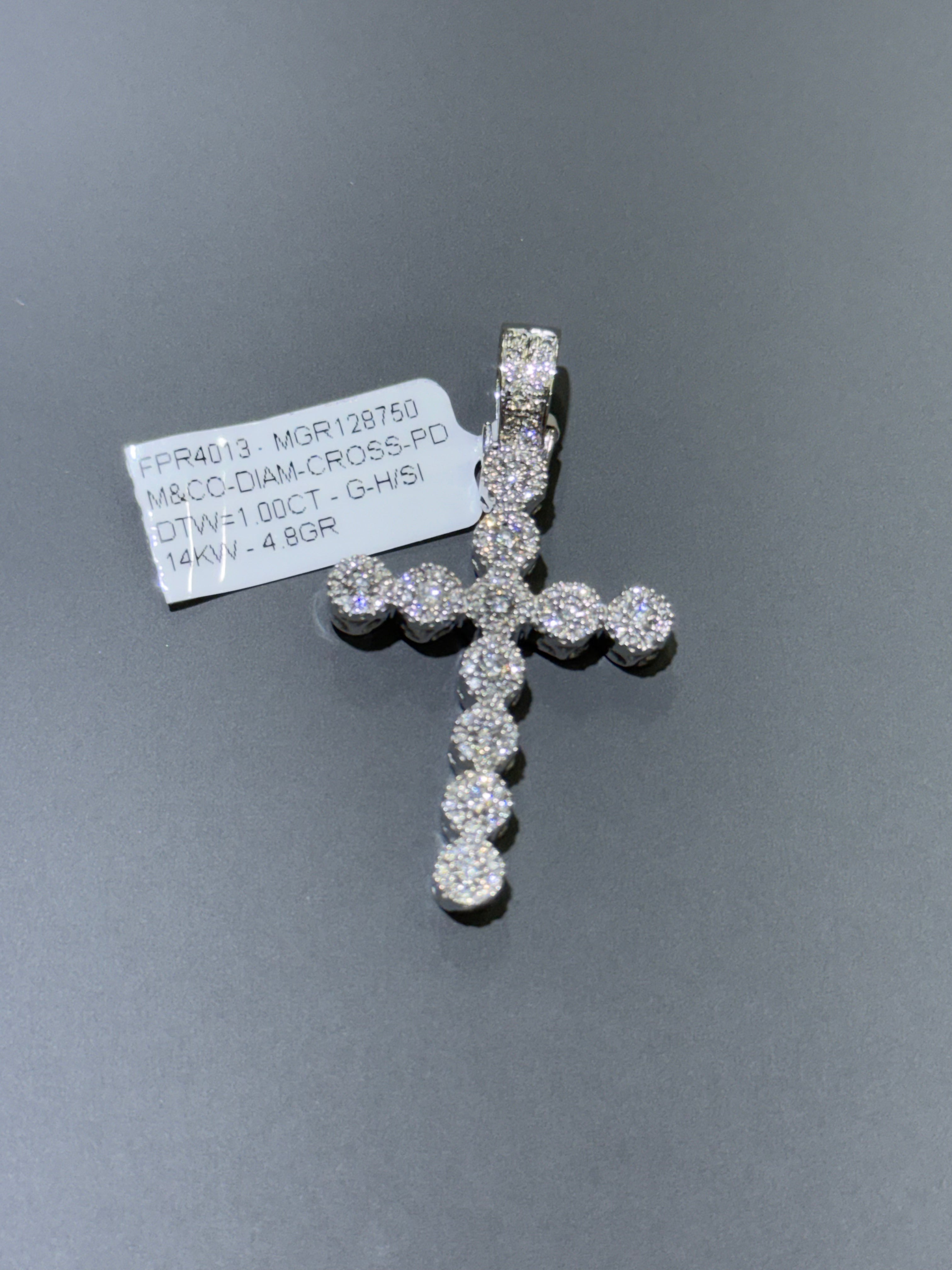 14K White Gold & Diamonds Cross Pendant/Charm With Round Cut Diamonds. DTW=1.00CT - G-H/SI - 4.8GR