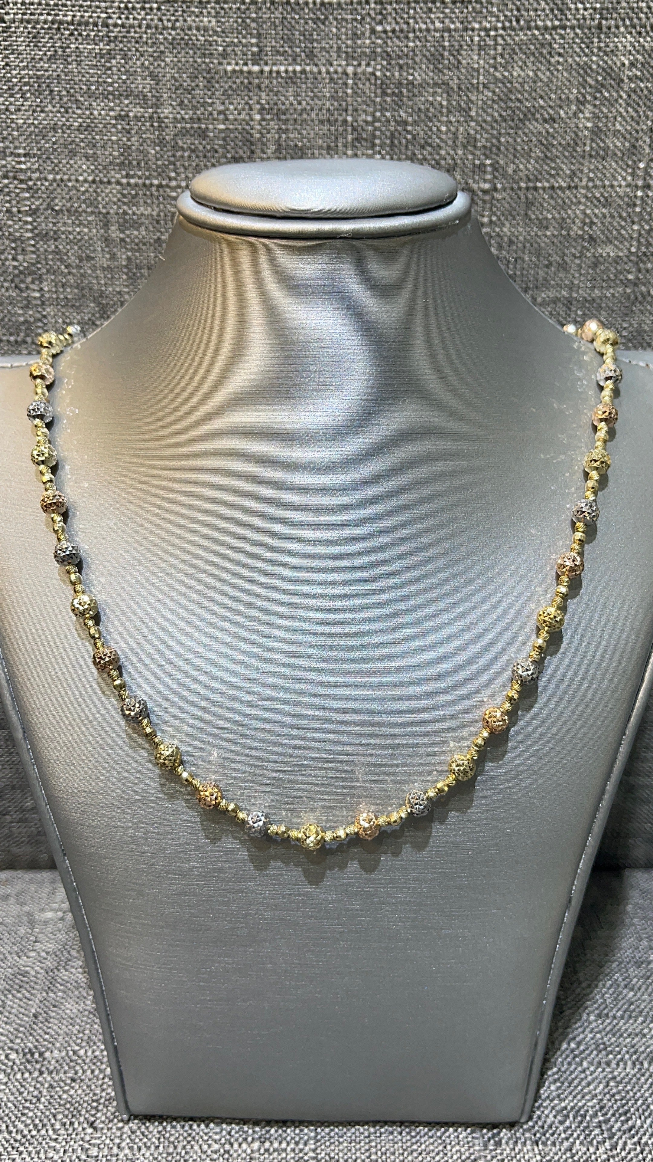 14KT Tri-Color Gold Ball Beads Style Necklace With Diamond Cuts. 12.7GR - 18" - 5MM