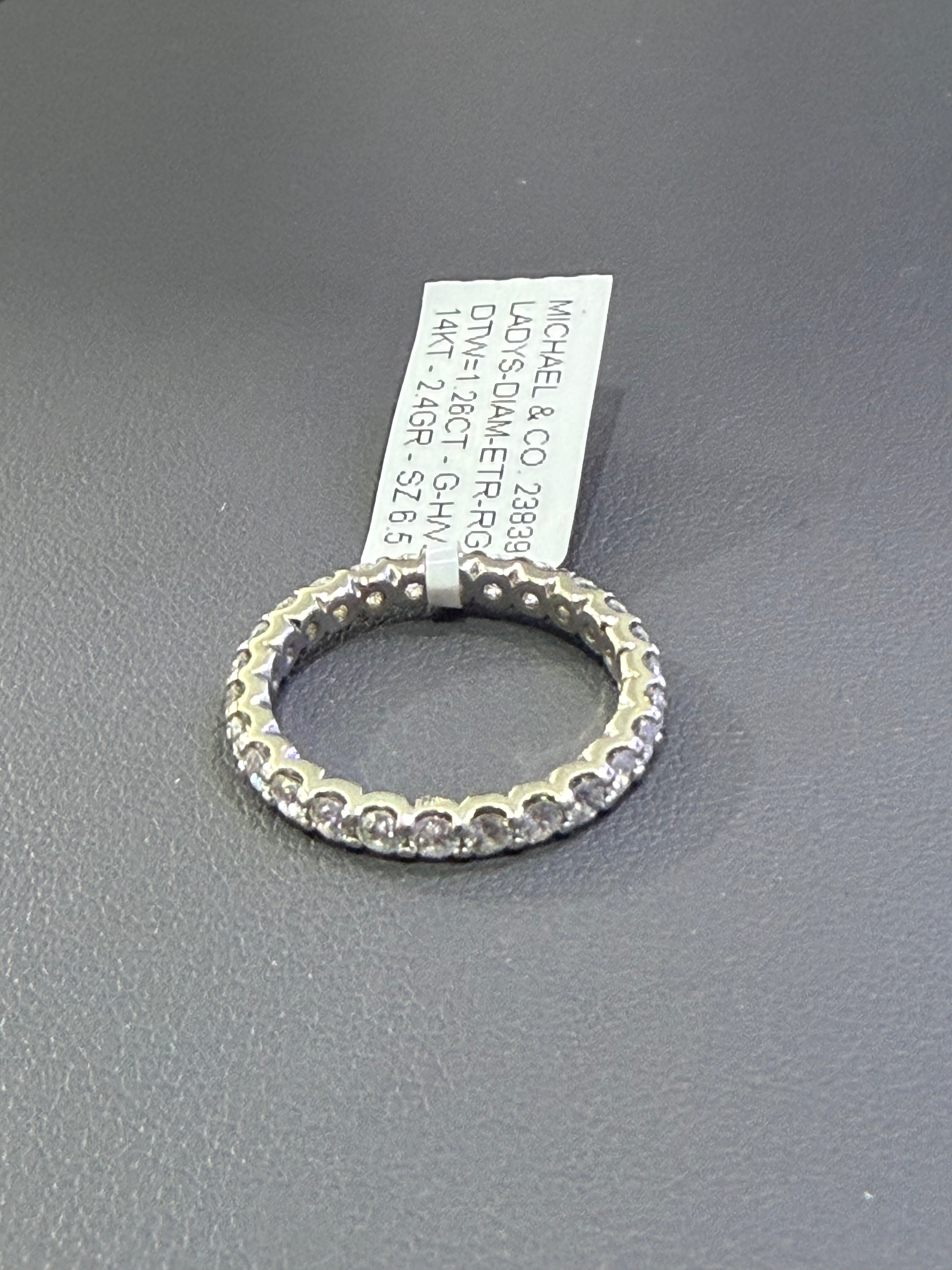 14K White Gold Diamond Eternity Band/Ring. Round Prong Set. DTW=1.26CT. G-H/VS. SZ 6.5 - 2.4GR