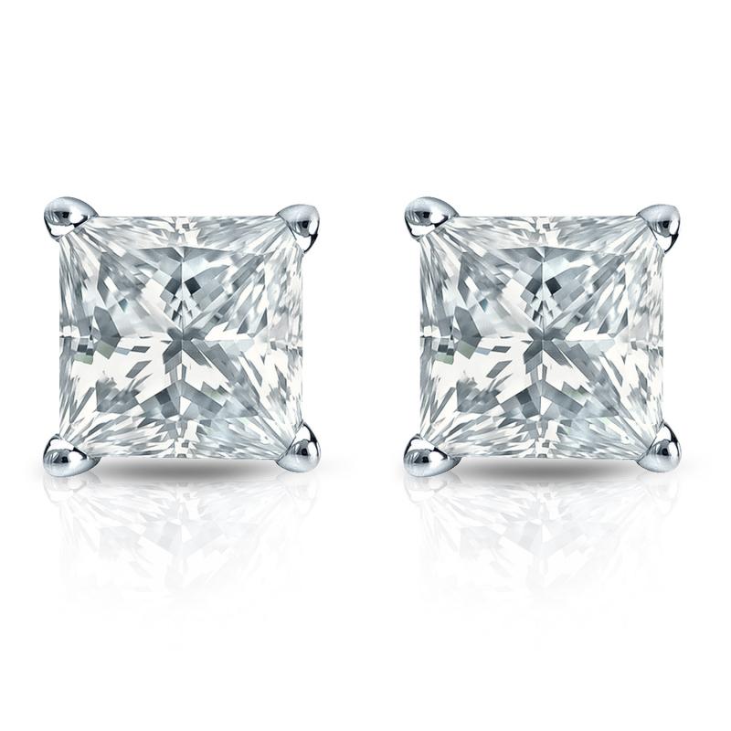 Lab Grown Diamond Stud Earrings Princess 3.00 ct. tw. (G, VS) in 14k White Gold 4-Prong Basket